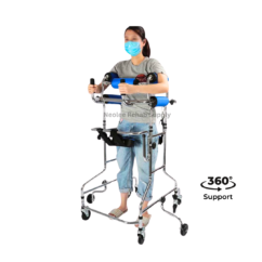 Adult user walking with a hemiplegia rehabilitation walker featuring padded chest support, forearm rests, anti-rollover castors, and 360-degree support for gait rehabilitation and balance training.