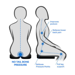 Diagram showing posture and pressure relief benefits of the Angel Aid Bestsorb pressure cushion, including tailbone pressure reduction and improved sitting alignment.