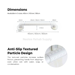 Bathroom safety grip bar dimensions and anti-slip textured surface design, available in 40cm, 60cm, and 80cm sizes for secure bathroom mobility support.