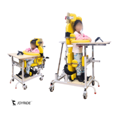 Joyride sit-to-stand frame for kids by Neolee helping children transition safely from sitting to standing with supportive padded cushions and therapy table.