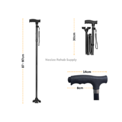 Dimension guide for the Elderly Crutch Foldable Walking Stick showing adjustable height range, compact folded size, ergonomic handle dimensions, and lightweight portable design for senior mobility support.