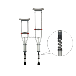 Pair of foldable shoulder crutches with built-in shock absorber springs, adjustable height support, ergonomic underarm pads, and anti-slip rubber tips designed for comfortable walking assistance and rehabilitation mobility.