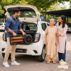 Foxwheel Travel Wheelchair (9) A Malaysian Indian man lifts the compact folded Foxwheel travel wheelchair from the boot of a white Perodua Axia while preparing for a family outing. Nearby, the elderly grandmother and wife stand together smiling in a sunny parking area, highlighting the wheelchair’s lightweight and portable design.