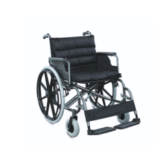 Heavy duty XXL bariatric wheelchair with extra-wide padded seat, reinforced steel frame, large rear wheels, and swing-away footrests for enhanced comfort and support.