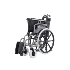Heavy duty XXL Bariatric Wheelchair (2) Folded XXL bariatric wheelchair showing compact storage capability, heavy-duty frame construction, and wide rear wheels for transport and portability.