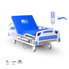 Three-function electric hospital bed with adjustable backrest, leg rest, side railings, remote controller, caster wheels, and high-density foam mattress for patient care and recovery.
