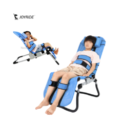 Comparison image showing the age range of using the Joyride Bluefin bath chair from young child to a teenager seated safely and secured using supportive safety straps.