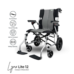 Studio product image of the Lynx Lite 12 lightweight wheelchair accompanied by feature icons highlighting portability, comfort, foldability, and ergonomic support.