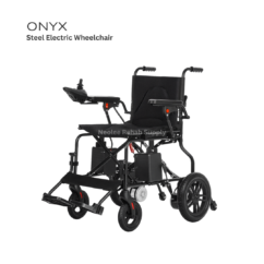 Front angled view of the ONYX Heavy-Duty Steel Electric Wheelchair featuring a durable black steel frame, joystick controller, padded seat, foldable footrests, and large rear wheels for stable powered mobility.