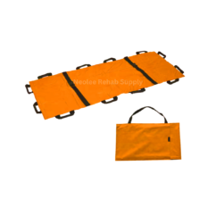 Foldable patient transfer sheet with multiple reinforced handles and safety straps designed for emergency patient lifting, transport, and rescue assistance.