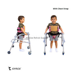 Reversed Child Walker (10) Side and front views of aluminium reverse child walker with chest support and adjustable walking frame for children.