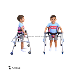 Reversed Child Walker (12) Side and front views of aluminium reverse child walker with chest support and adjustable walking frame for children.