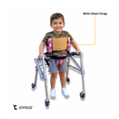 Reversed child walker featuring chest strap support, padded harness, and caster wheels for safe pediatric mobility training.