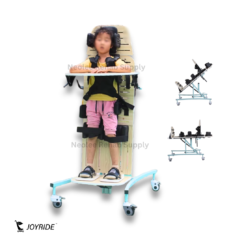Child using Joyride supine standing frame by Neolee with padded supports, adjustable harness system, and tilt positioning for pediatric rehabilitation therapy.