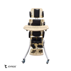 Supine Standing Frame (2) Front view of Joyride pediatric supine standing frame featuring adjustable headrest, padded supports, therapy tray, and lockable caster wheels.