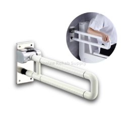 U-shape folding bathroom handrail mounted beside a toilet, featuring dual support bars and foldable wall-mounted design for elderly safety and mobility assistance.