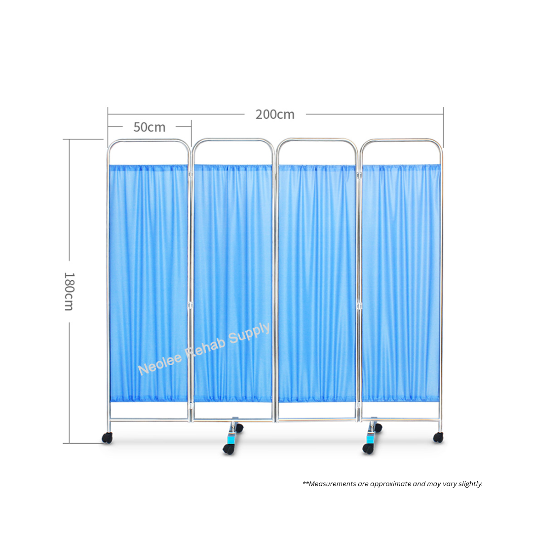 Portable hospital privacy screen with dimensions displayed, featuring four folding panels, lightweight frame, and smooth-rolling wheels for flexible room partitioning.