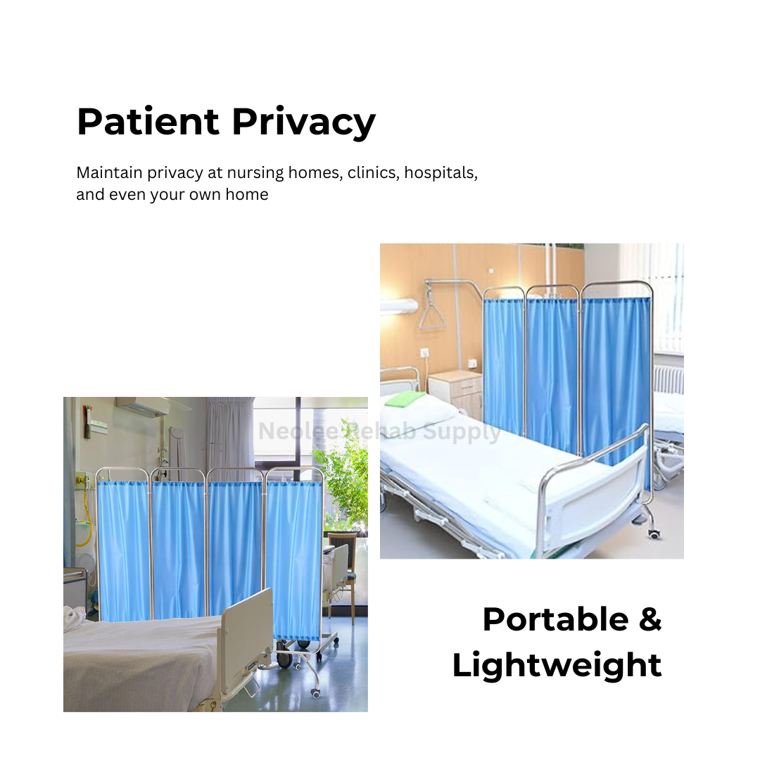 Portable patient privacy screen used in hospitals, nursing homes, and clinics to create private treatment spaces with lightweight movable design.