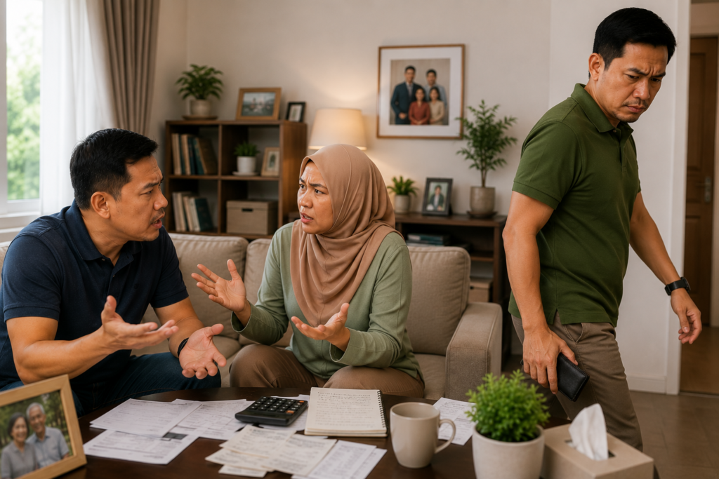 Three Malaysian siblings discuss elderly care responsibilities, financial concerns, and caregiving decisions at home.