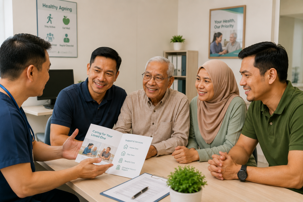 An elderly father and his adult children discuss care options with a healthcare professional in a clinic setting.